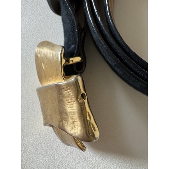 Vintage 90s Donna Karan Belt Italy Black Leather Suede Gold Buckle Luxury Large main image 5